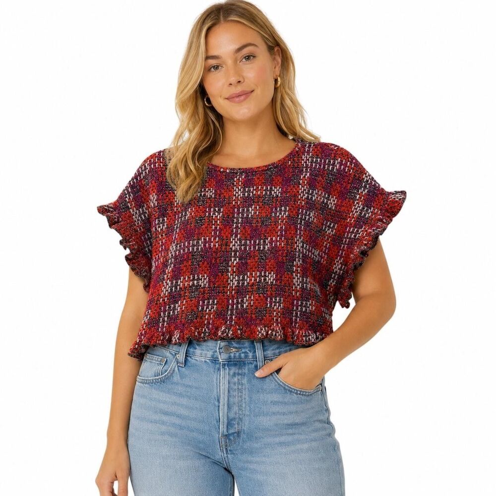 Zara Blouse Womens Small Red Plaid Ruffle Flutter Sleeve Cropped Woven Top